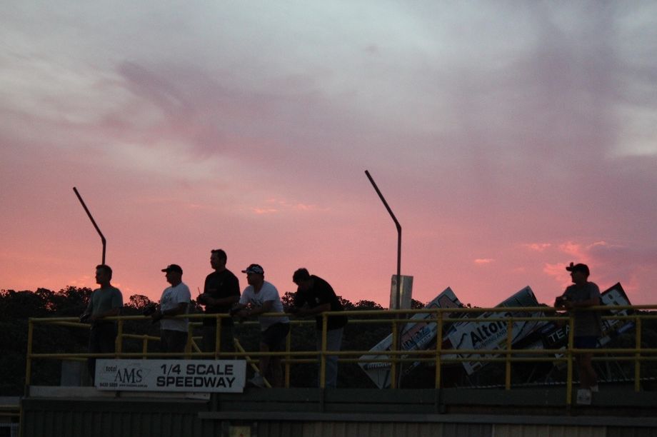 Sunset over the drivers' stand.